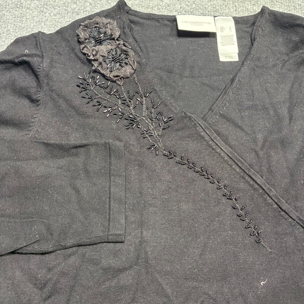 Liz Claiborne Womens Large Black Knit Blouse Embellished Flowers Beaded Branches